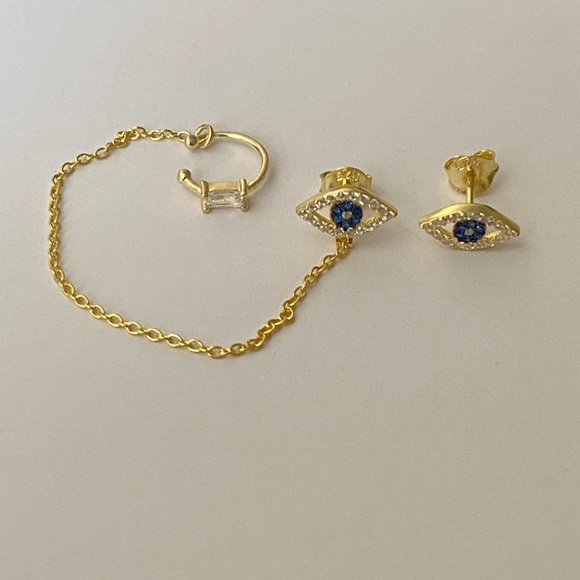 925 Sterling silver evileye cz earrings with cuff - Picture 3 of 3